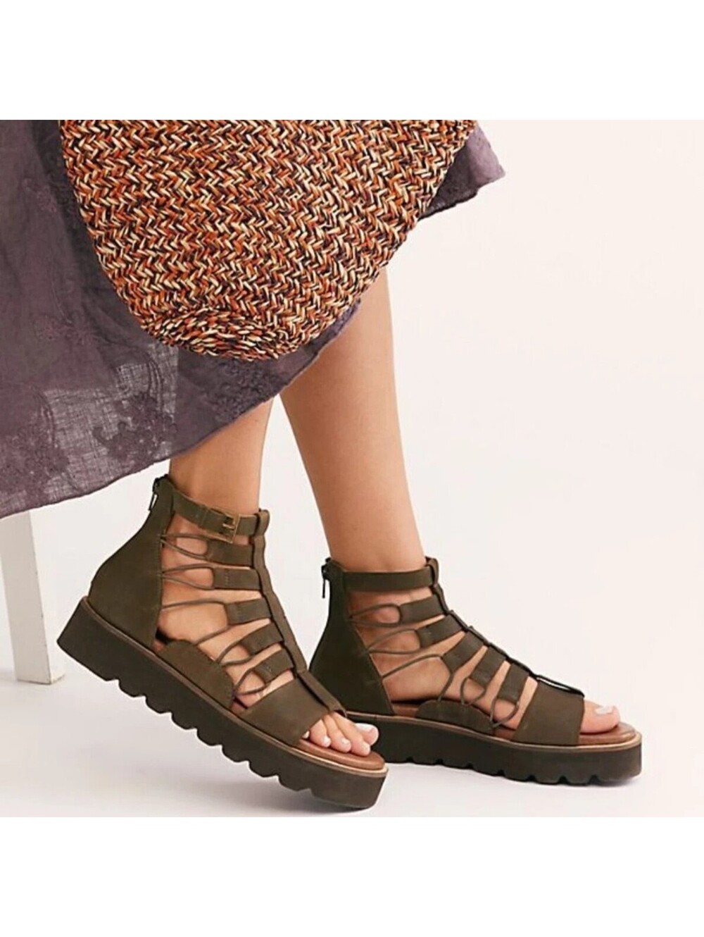 Olive Green Leather Gladiator Sandals Ankle Srap And Zipper 38 India 0002043451